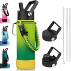 BJPKPK Insulated Water Bottle with Straw Lid, 22oz Thermo Water Bottles with 3 Lids, Paracord Handle & Non-slip Boot, BPA Free Leak Proof Stainless Steel Tumblers,Bamboo Grove