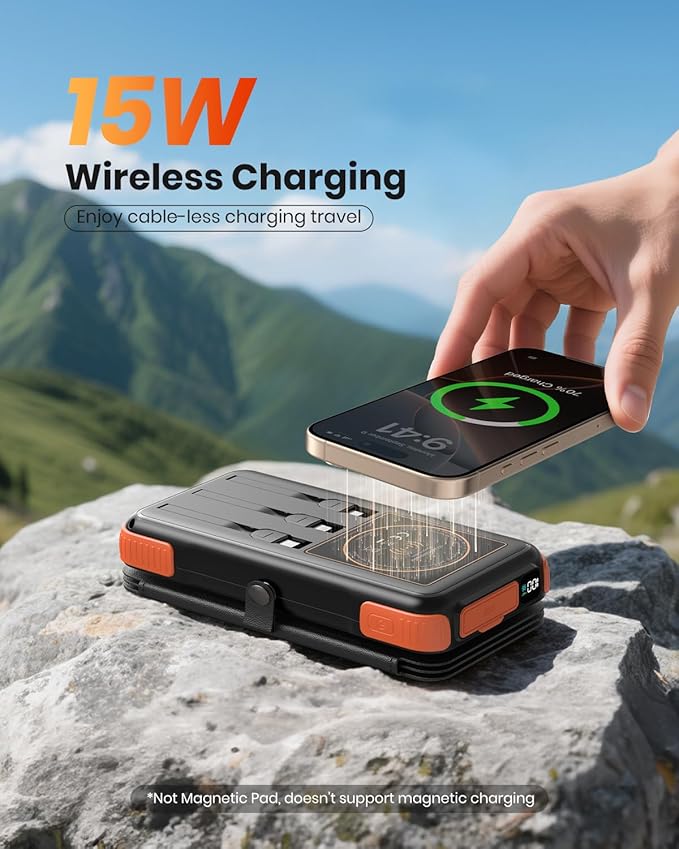 Solar-Charger-Power-Bank-49800mAh, 20W Fast Charging Portable Charger with Built-in 3 Cables & 4 Solar Panels, USB C Solar Battery Bank with LED Flashlights for Smartphones, Tablets