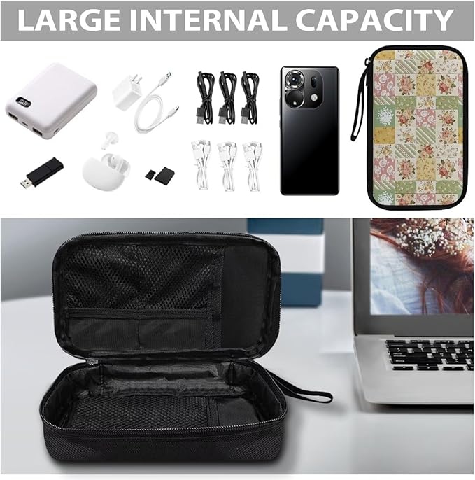 Floral Patchwork Electronic Organizer Portable Cable Organizer Bag Electronics Organizer Travel Case fits Phone Power Bank SD Card Tech Accessory Large Storage Bag