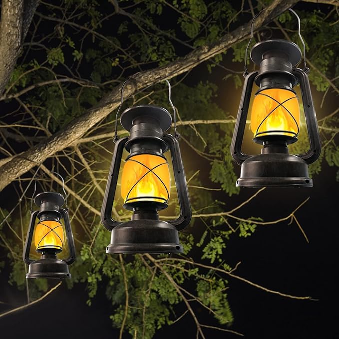 Solar Lantern Outdoor Waterproof,LED Vintage Flickering Flame Solar Lights,Camping Lamps,Solar Powered Hanging Rustic Heavy Duty Lantern Landscape Decor for Patio Garden Yard Deck Pathway,2Pack