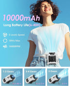 Portable Waist Fan Clip on, Personal Wearable Belt Fan 10000mAh Rechargeable Battery Under Shirt,5 Speeds with light, Neck Fan Hands-Free Cooling For Outdoor Camping Travel (White)