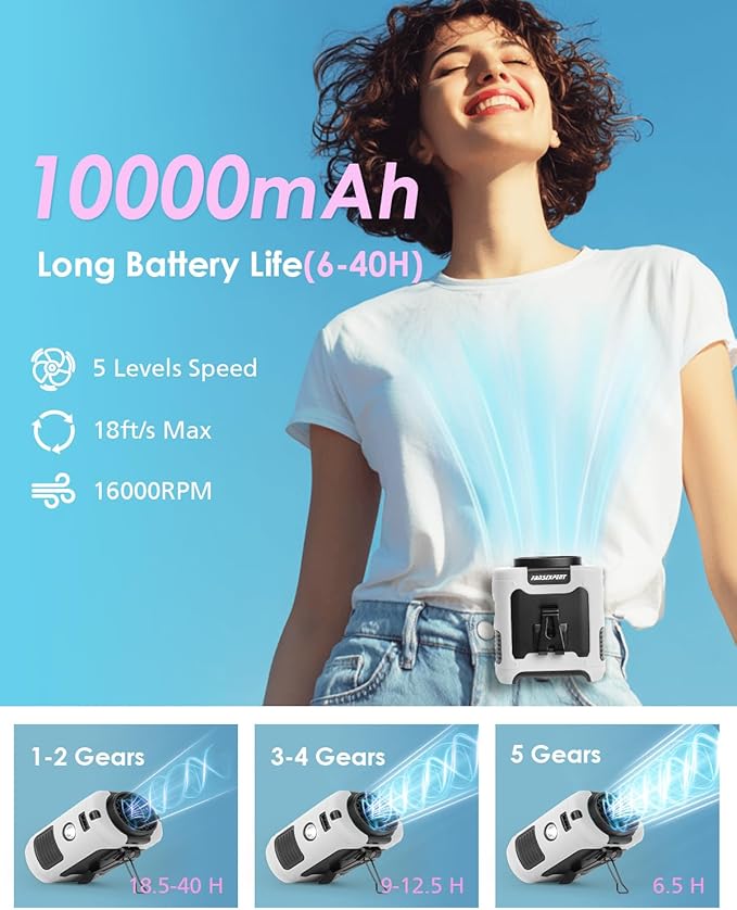 Portable Waist Fan Clip on, Personal Wearable Belt Fan 10000mAh Rechargeable Battery Under Shirt,5 Speeds with light, Neck Fan Hands-Free Cooling For Outdoor Camping Travel (White)