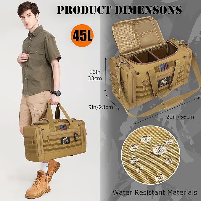 45L Gym Bag for Men & Women, Tactical Military Duffle Bag for Travel Weekender Gym Workout Deployment， Large Sports Bag for Hockey Football Baseball Soccer Basketball & Team training