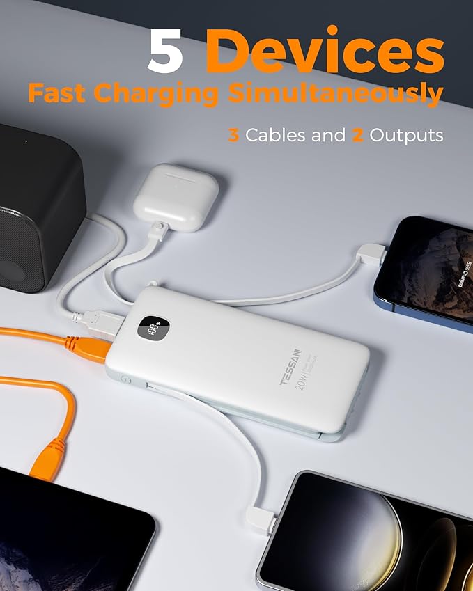 TESSAN Portable Charger with Built in Cables, 10000mAh Power Bank Fast Charging with Foldable Wall Plug Charger, 20W Compact Battery Pack Travel Essentials for iPhone 16/15 Series, Samsung, Tablets