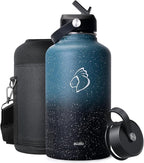 BUZIO 64oz Insulated Water Bottle with Straw Lid, Half Gallon Double Wall Food-Grade Stainless Steel Water Bottle with Carrying Pouch, Wide Mouth BPA-Free Sweat-Proof Sports Water Flask, Keep Hot Cold