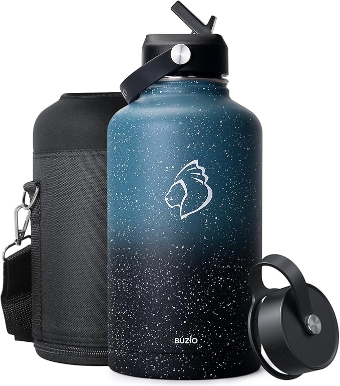 BUZIO 64oz Insulated Water Bottle with Straw Lid, Half Gallon Double Wall Food-Grade Stainless Steel Water Bottle with Carrying Pouch, Wide Mouth BPA-Free Sweat-Proof Sports Water Flask, Keep Hot Cold