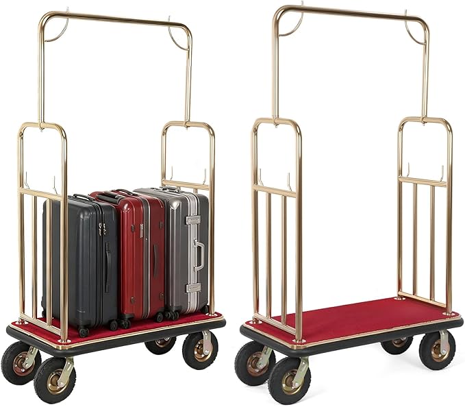 Hotel Luggage Cart Wagon 39Lx19Wx68H Inch Bellman Luggage Trolley Cart Up to 881LBS 8-inch Silent Rubber Casters Carpet Deck Bumper Rails for Commercial Use Condos Resorts