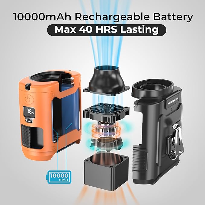 10000mAh Portable Waist Clip Fan, 40H Cooling Personal Wearable Fan, 5 Speeds 16000RPM Strong Belt Fan, Rechargeable Hands-free Neck Fan With Flashlight for Outdoor Jobsite Camping Traveling (Orange)