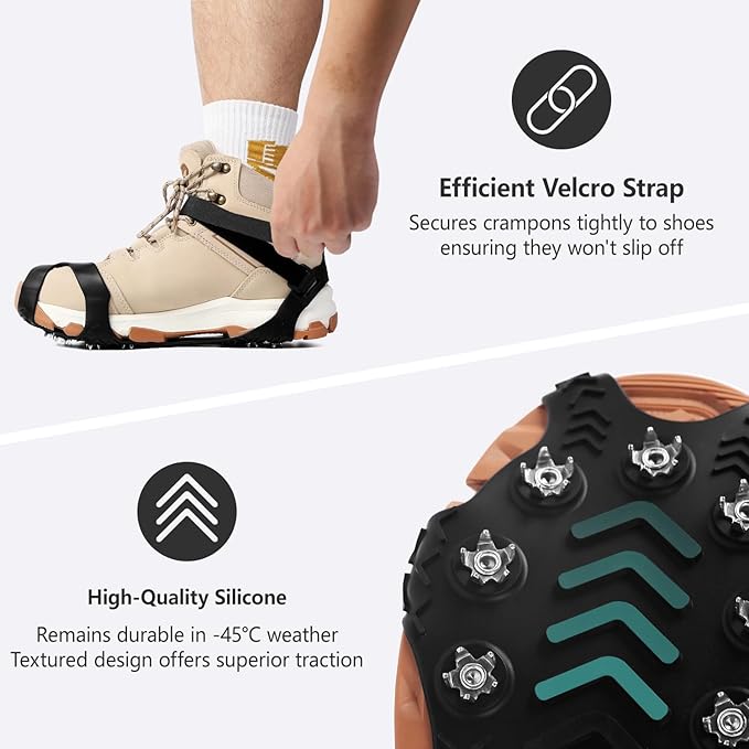 11 Spikes Crampons, Upgraded Version Stainless Steel Anti-Slip, Ice Cleats Grips for Hiking Shoes and Boots, Hiking Fishing Walking Mountaineering