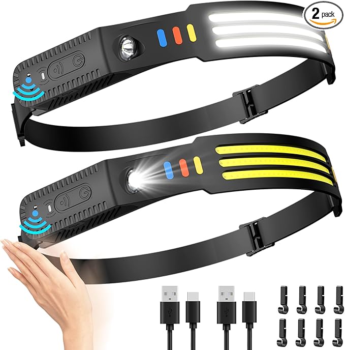 Lsnisni Headlamp Rechargeable 2Pack, 230°Wide Beam Head Lamp LED, Head Flashlight with Motion Sensor, 5 Mode Head Lights for Forehead, Waterproof Headlamps for Adults Hiking Camping Gear