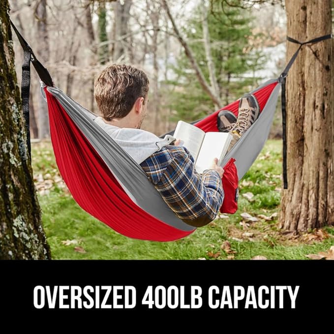 GORILLA GRIP Durable Portable Camping Hammock, Holds 400lbs with Heavy Duty Tree Straps, Comfortable Travel Swing, Camp Hammocks, Easy to Use and Install, Outdoor Essentials, Red, 9x4.5 FT