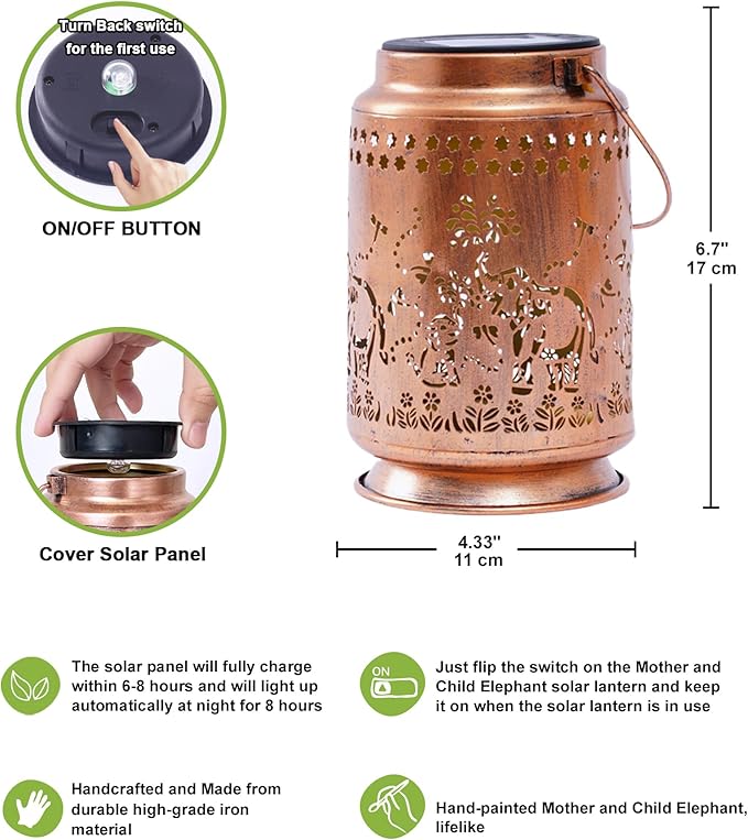 Nacome Elephant Solar Lanterns for Garden Decor: Waterproof Hanging Metal Decorations with LED Lights for Yard Lawn Porch Patio Landscape Pathway