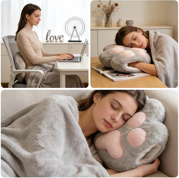 RYOLOY Cat Paw Warm Hand Pillow,with 67 * 39Inch Travel Blanket,3 in 1 Travel Pillow and Blanket Set,for Car Office Camping Essentials.(Grey) (Grey)