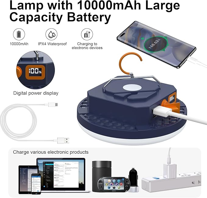 10000mAh 4000LM Flashlight Portable LED Camping Lantern Rechargeable Light 30W with Digital Power Display and Magnet , IPX5 Waterproof Tent Lights Power Failure Emergency Light