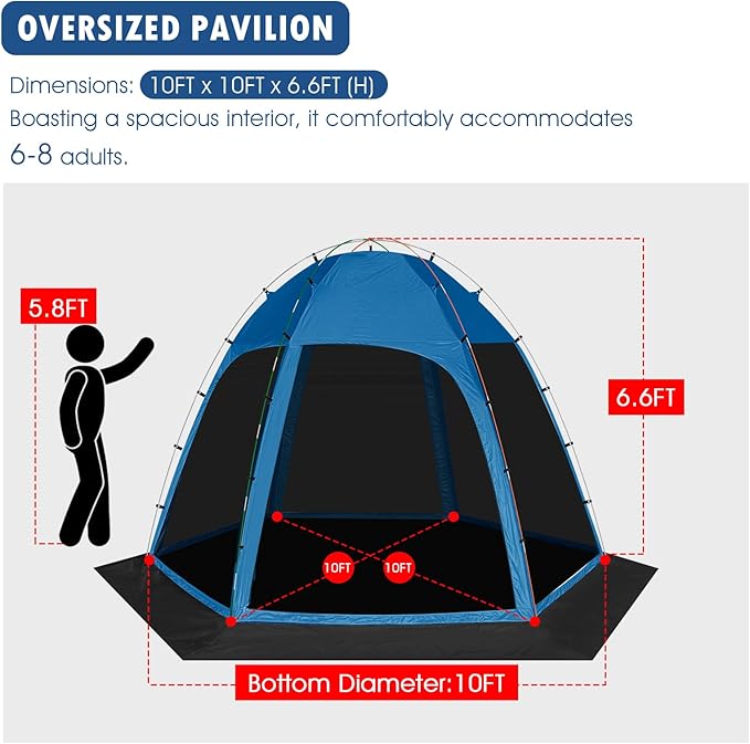 Screen Tent with Removable Floor, Siebwin 10'x10' Six-Sided Gazebos with Mosquito Netting Sunproof Outdoor Canopy Tent for 4-6 People Family Backyard Party Outside Activities, Blue