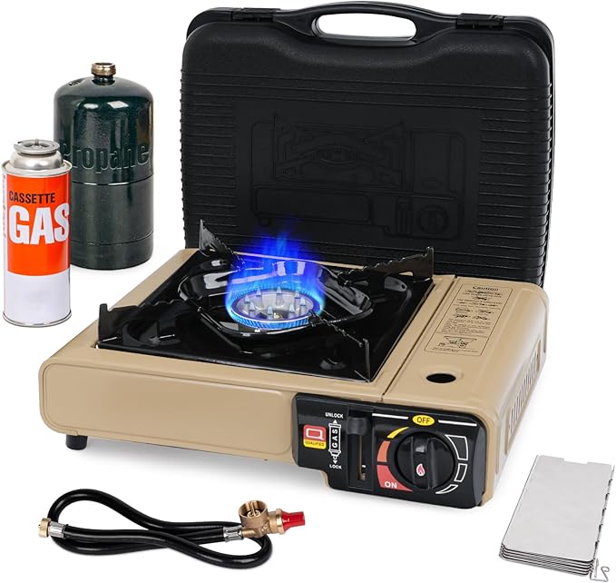 SHINESTAR Dual Fuel Camping Stove with Butane & Propane Compatibility, Portable Stove for Outdoor Cooking, Propane Adapter Hose, Wind Guard and Carrying Case Included, 7800 BTUs Output, Khaki