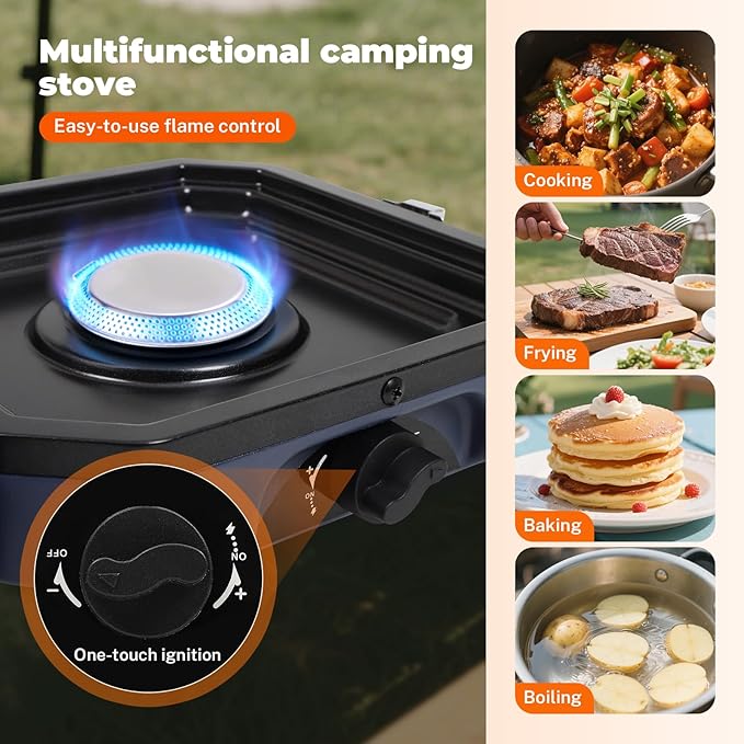 Adjustable 2-Burner Portable Stove with 16000 BTU, with Camping Grill and Carrying Bag, Portable Propane Camp Stove with 2 Burners & Piezo Ignition for Camping, Backyard BBQ,Tailgating (Blue)