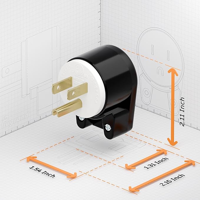 3PACK 90 Degree USA Canada Male Nema 5-15P 3 Pole Angle DIY Plug, 15A 125V USA 3Pin Right Angle AC Connector, Black
