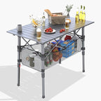 Portable Camping Table with Adjustable Height Legs, Lightweight Aluminum Roll-up beach tables for sand foldable，Folding Picnic Table Large Storage Basket for Outdoor camping (Black, Medium 37")