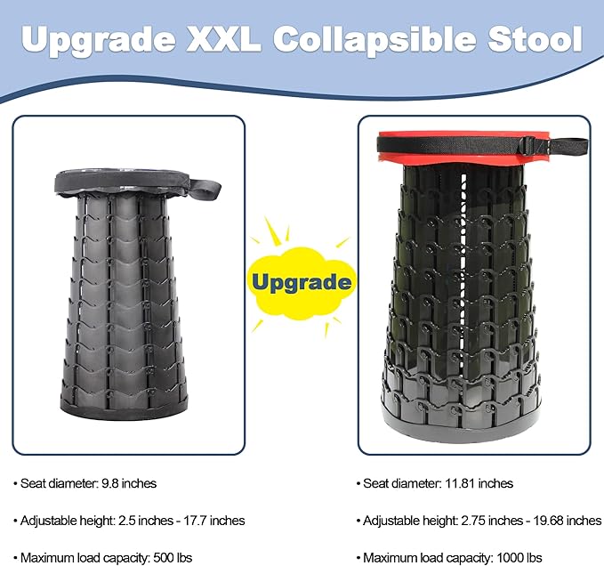 ALEVMOOM 2025 Upgraded XXL 19.7" Collapsible Stool with Cushion, 1000lbs Max Weight Heavy Duty Portable Telescoping Stool, Retractable Seat Folding Chair for Camping Fishing Hiking(Red-XXL)