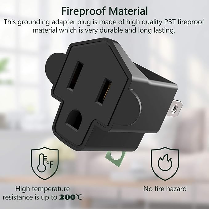 ETL 3 Prong to 2 Prong Adapter Polarized Grounding Converter JACKYLED 3-Prong Adapter Converter Fireproof Material 392℉ Resistant Heavy Duty for Wall Outlets, Electrical, Household, Black, 2 Pack