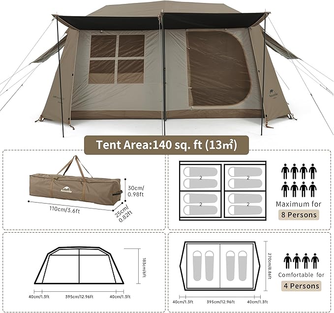 Naturehike Village Instant Tent, 4 Person 8 Person Camping Tent with Full Rainfly, Waterproof Large Cabin Tents for Car Camping