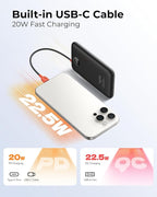 Slim Portable Charger 10000mAh, Travel Power Bank with Built-in USB-C Cable & LED Display, 22.5W Fast Charging Battery Pack Compatible with iPhone 16 15 Samsung S24 S23 -Black