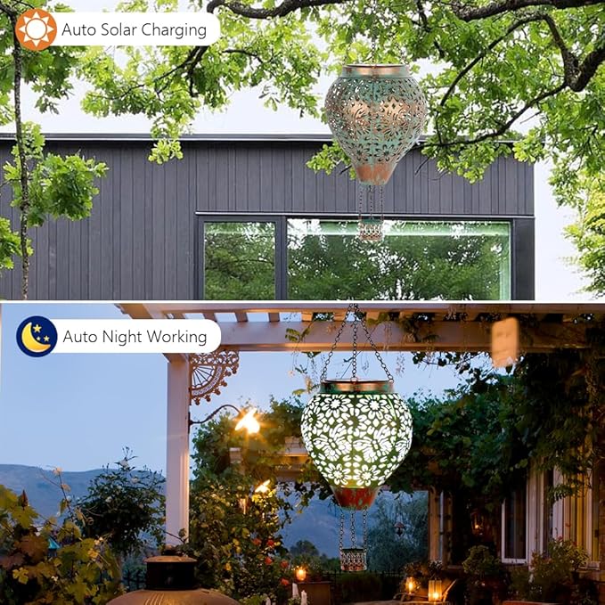 Stargarden Hot Air Balloon Solar Lantern, Butterfly Hollow Out Metal Hot Air Balloon Decorations, Green Hanging Solar Lantern, Waterproof Outdoor Lights for Porch Decor