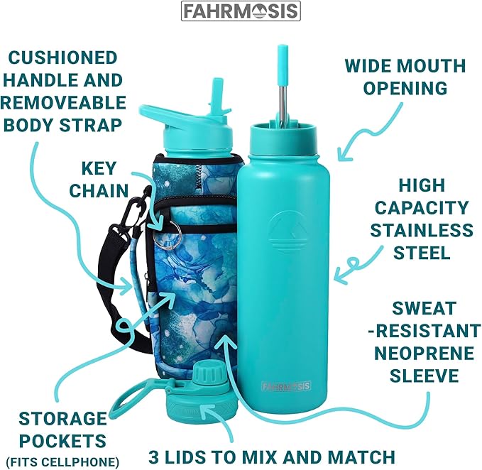 40 Oz Water Bottle with Strap Stainless Steel Sports Water Bottle with 3 Lids (Straw, Chug and Flip Lid) Insulated Leak Proof Metal Jug for Men & Women - Teal