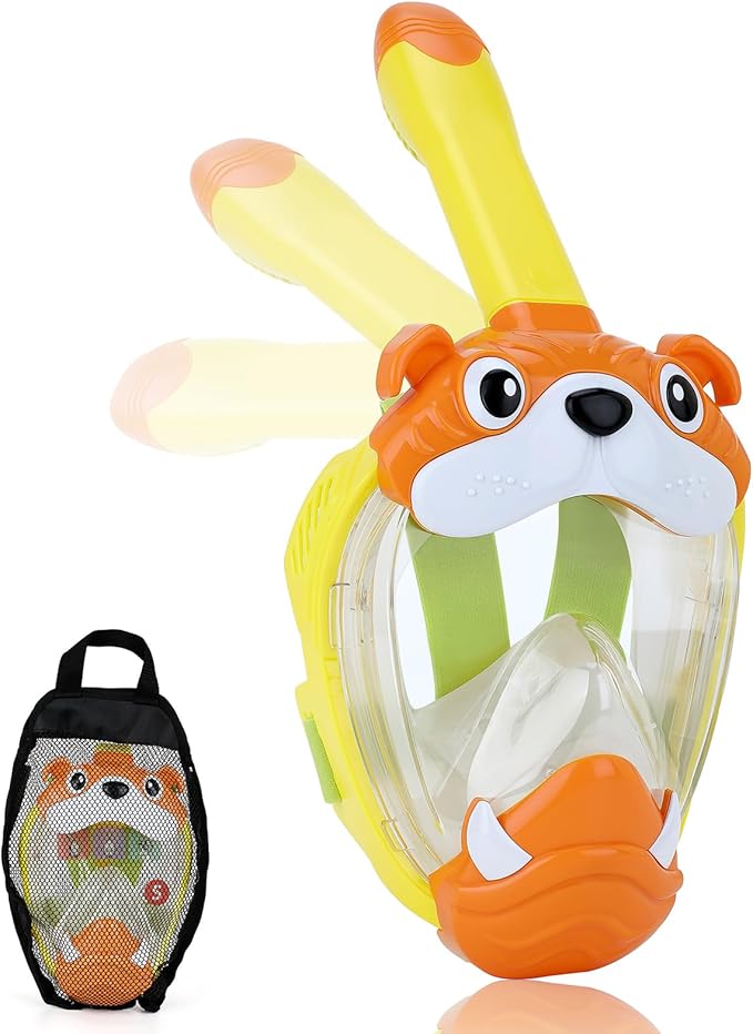 Full Face Snorkel Mask for Kids 4-16, 180 Degree Panoramic View Snorkeling Set Anti-Fog Anti-Leak, Foldable Dry Top Snorkeling Gear for Kids