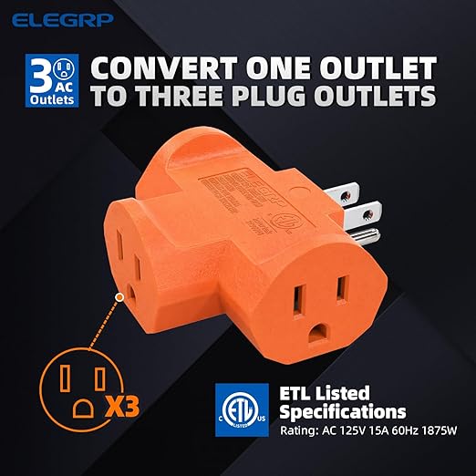 ELEGRP 3-Prong Heavy Duty Power Extender to Triple Outlet in T Direction, Multi-Directional Grounded Wall Tap Outlet Extender with 3 Prong Plug-in, 15-Amp, 125-Volt, ETL Listed, 2 Pack, Orange