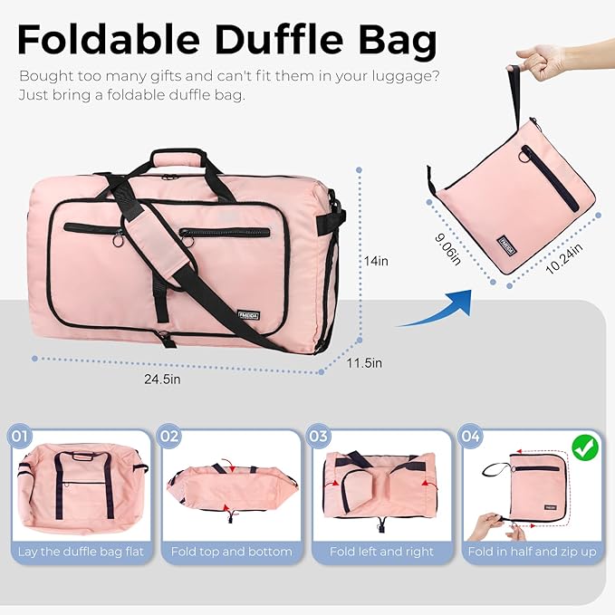 Fmeida 65L Duffle Bag with Shoes Compartment, Foldable Travel Duffel Bags for Men Women, Large Packable Travel Bag Water Repellent & Tear Resistant (Light Pink)
