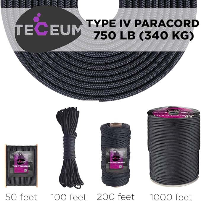 TECEUM 5/32" Paracord Rope 1000 – 1000ft / 200ft / 100ft / 50ft – Tactical Parachute Cord 4mm – 45+ Colors – Nylon String for Survival & Camping Gear – Stripe Cord for Survival – Utility Rope