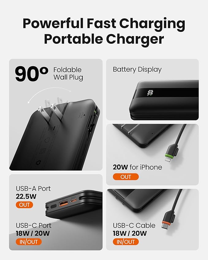 Portable Charger with Foldable AC Wall Plug, Fast Charging 10500mAh 22.5W Power Bank with Built-in Cables, 4 Outputs 3 Inputs LED Display Slim Battery Pack Compatible with iPhone/Android (Black)