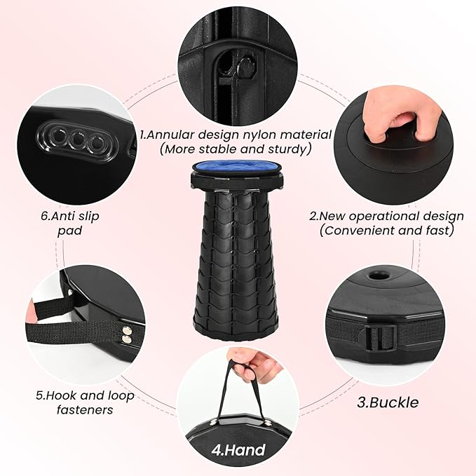 2 Pack Upgraded Collapsible Stool Folding Stool with Cushion,Retractable Folding Stool Max Load Capacity 400lbs, Portable Telescoping Stools for Camping Hiking Outdoor BBQ -Black