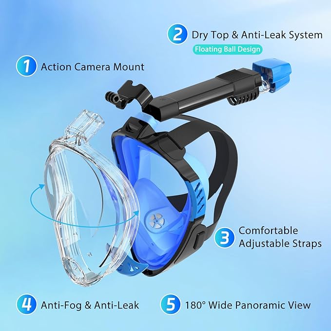 Snorkeling Gear for Adults, Full Face Snorkel Mask, Scuba Diving Mask with Detachable Camera Mount, 180 Degree Panoramic View Anti-Leak Anti-Fog