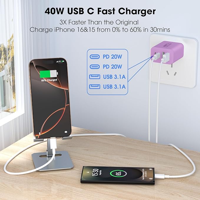 USB C Charger Block, 2 Pack 40W 4-Port iPhone Charger Fast Charging Multiport PD 3.0 & QC 4.0 Double Quick Charge, Compatible with iPhone 17/16/15/14/13/12/11，Pro Max，iPad, Samsung (2, Purple)
