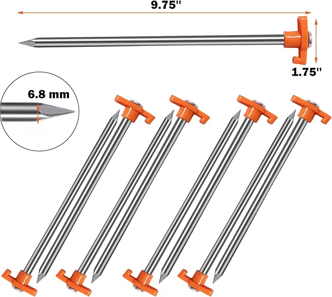 Cheardia 10 Pack Tent Stakes Heavy Duty, 9.75 Inch Yard Stakes Non-Rust Metal Tent Pegs Ground Stakes Tent Spikes for Camping Patio, Garden, Canopies, Grassland, Outdoor,Orange