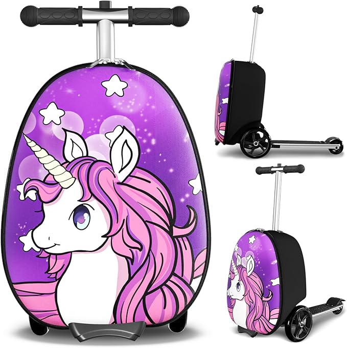 Baotree Scooter Suitcase for Kids, 2 in 1 Ride-on Luggage with Flash PU Wheels, Adjustable Handle & TPR Non-Slip Grip, Foldable & Lightweight, Ages 5-12