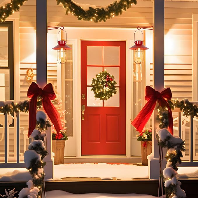 Solar Lanterns Outdoor Christmas Metal Solar Powered Hanging Lights Waterproof for Wall Barn Yard Garden Patio Garage Balcony Porch Fence Decor, Warm White Edison Bulb (Red-2pack)