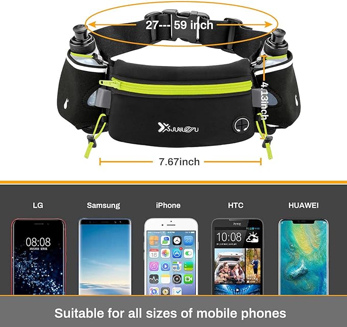 Number-one Running Belt with Water Bottles(2 x 175ML), Hydration Belt Waterproof Waist Pack Bag Fits iPhones Adjustable Sports Waist Pouch for Marathon Running Hiking Cycling