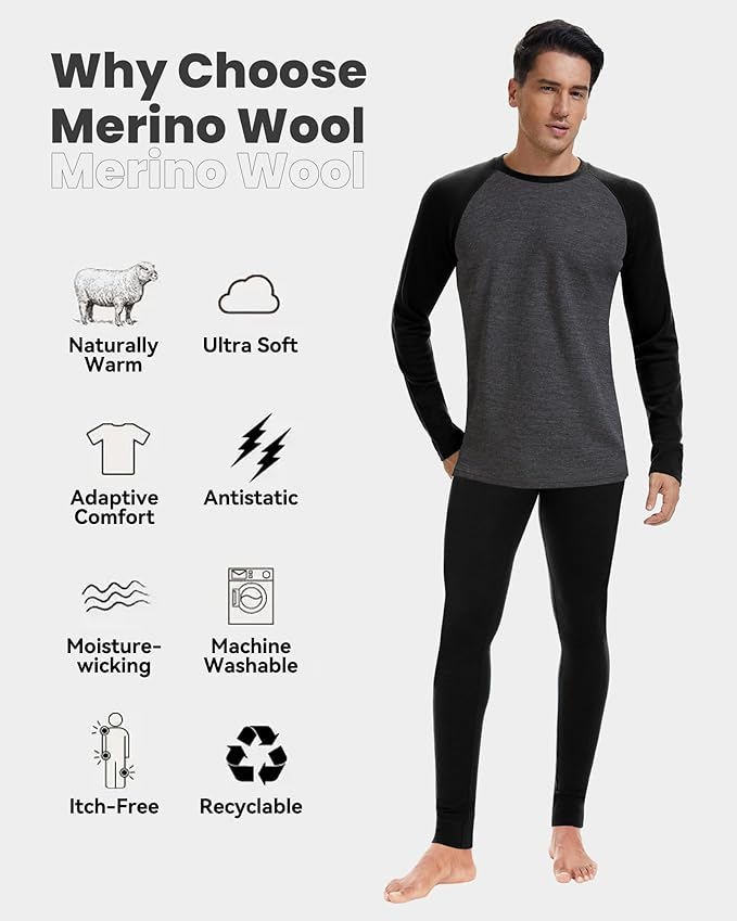 Men's 100% Merino Wool Base Layer Sets Lightweight Active Base Layer for Ski