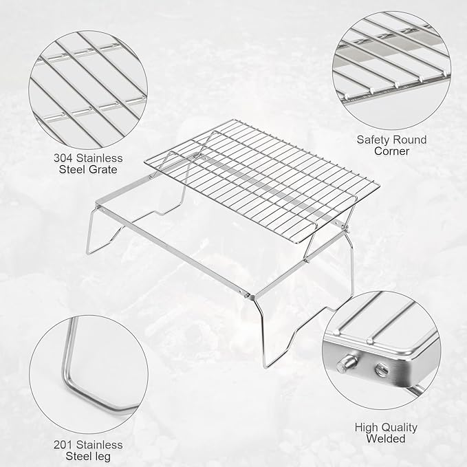 ZORMY 17" Large Folding Campfire Grill, 304 Stainless Steel Firepit Grill Grate, Heavy Duty Portable Camping Grill with Carrying Bag, Gas BBQ Grill Grate for Backpacking, Hiking, Picnics (Double)