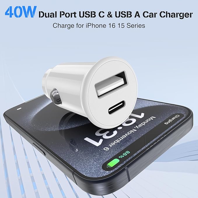 USB C Car Charger for iPhone 17 16 15 Pro Max, 40W Dual Port USB-C & USB-A Car Fast Charging Adapter, 2X3FT C to C Cable & A to C Carplay Cable for iPhone 17 16 15 Series/iPhone Air,iPad,Samsung-Pink