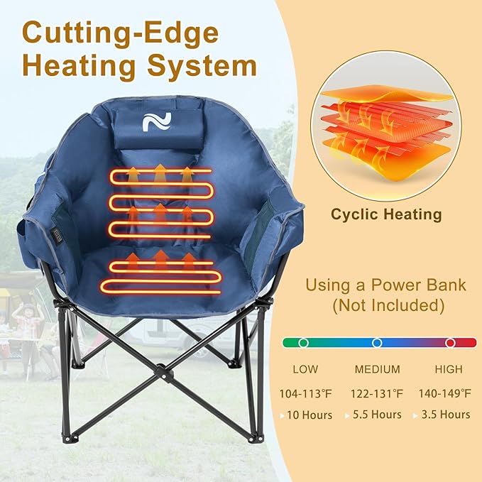 Slsy Heated Camping Chair Oversized, Outdoor Portable Heated Folding Chair, Heavy Duty 500 lbs Support, Padded Seat for Outdoor Sports, Camping, Patio, and Picnics