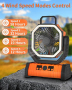 ADUST Camping Fan - 20000mAh Battery Powered Fan Battery Operated Rechargeable Portable Outdoor Tent Fans with Hanging Hook, Cordless, 4 Speeds, Remote Control - Orange