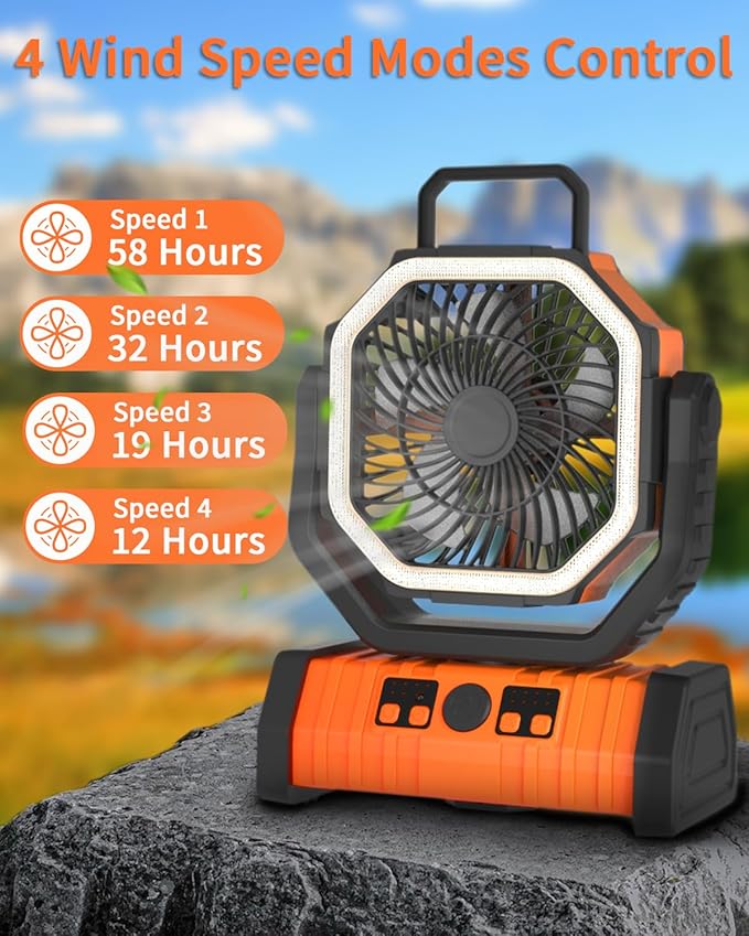 ADUST Camping Fan - 20000mAh Battery Powered Fan Battery Operated Rechargeable Portable Outdoor Tent Fans with Hanging Hook, Cordless, 4 Speeds, Remote Control - Orange