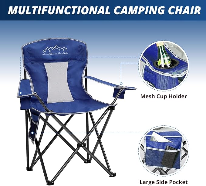 2PCS Mesh Folding Camping Chairs, Oversized Portable Outdoor Chairs, Weight Capacity 325 lbs with Cup Holder, Storage Pocket, Carry Bag Blue