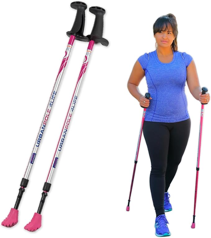 Urban Poling - Urban Poles 4Life - Lightweight, Aluminum Nordic Walking Sticks - Pink & Silver - 1 Pair – for Users 4'2"–6'2" - Collapsible & Adjustable Hiking Gear