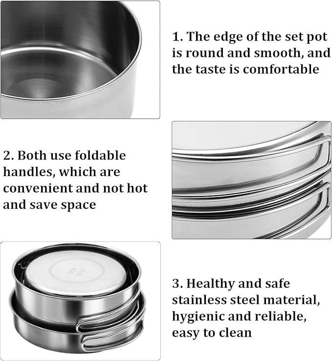 Camping Pots Pans, 4Pcs Portable Foldable Stainless Steel Combination Pot Cookware Set Camping Kitchenware Picnic Outdoor Pan Pot Plate Tableware Backpacking Gear for Camping Hiking Picnic